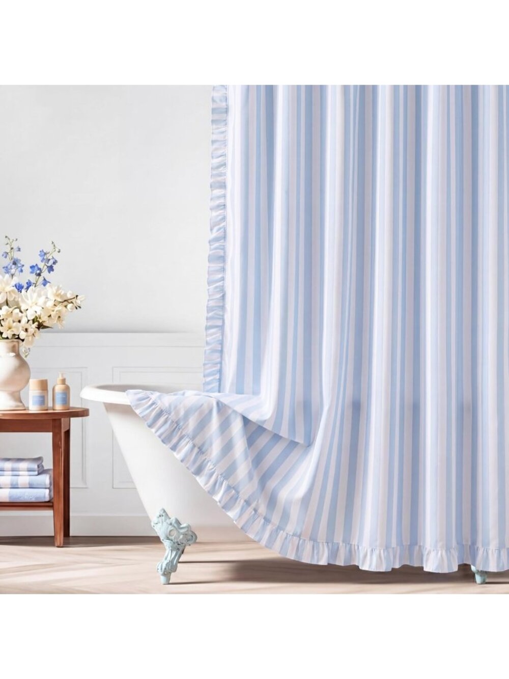 Blue Striped Ruffled Shower Curtain - Stylish Bathroom Decor, Water-Resistant